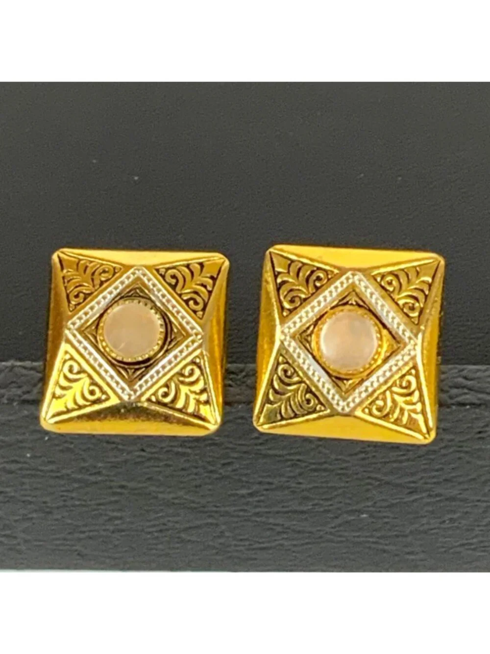 Vintage Gold-Tone Square Cufflinks With Ornate Design & Faux Pearl Accents Spain
